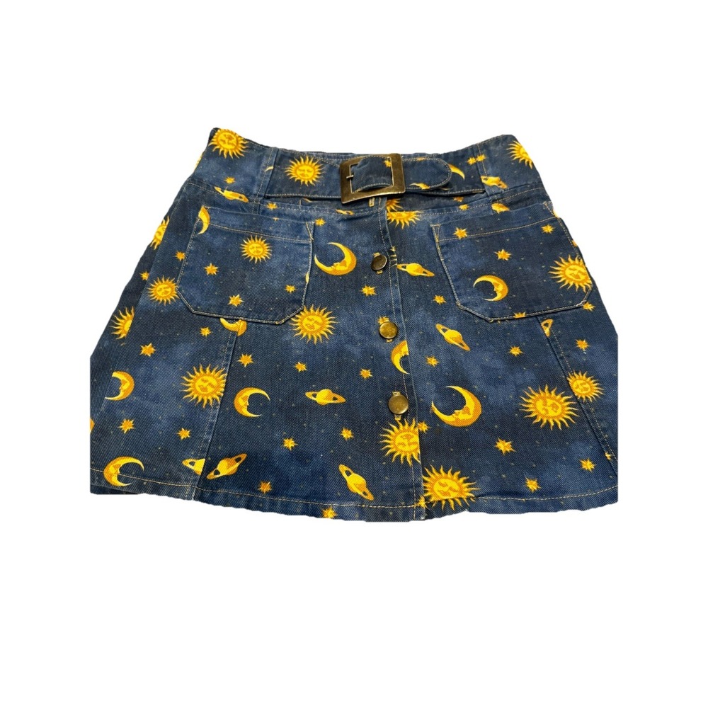 Vtg California Concepts Women's Sz 9 Celestial Denim Belted Mini Skirt Sun Moon‎
